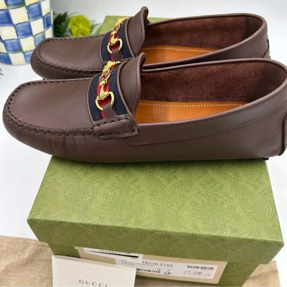 Men’s Gucci ayrton Web striped driver loafer size 7 fits eight US made in Italy